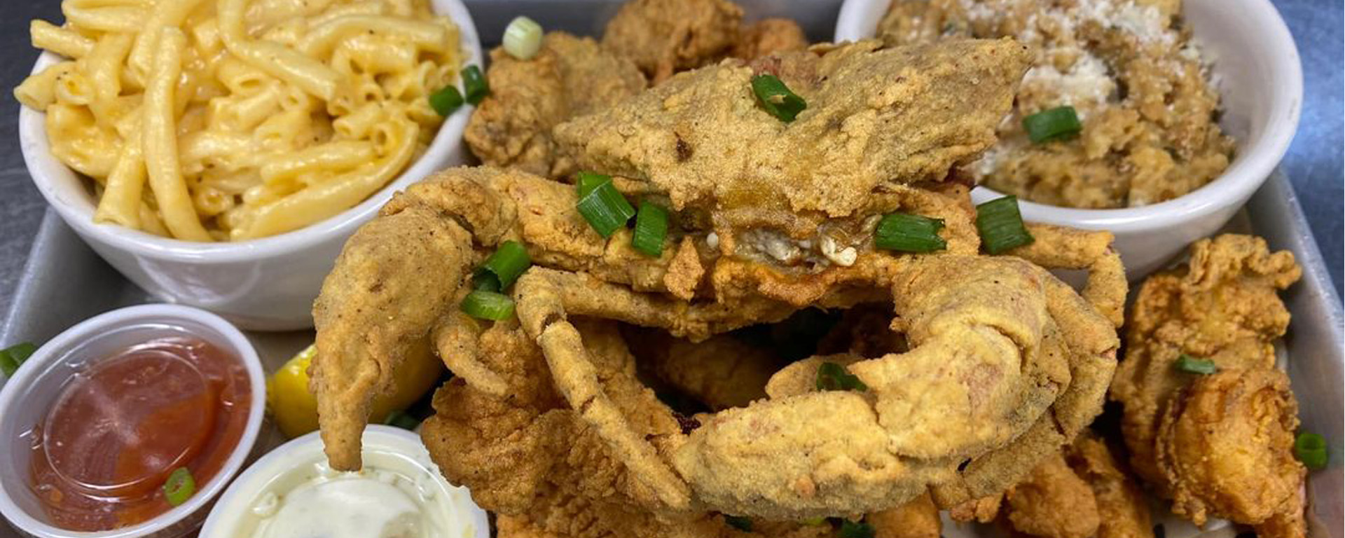 seafood platter with soft-shelled crab